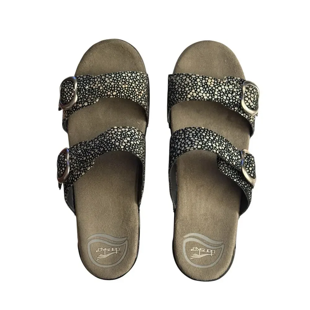 Dansko Sophie Sandals Black Two Strap Buckle Slide Clog 38 Dark Gray Speckle